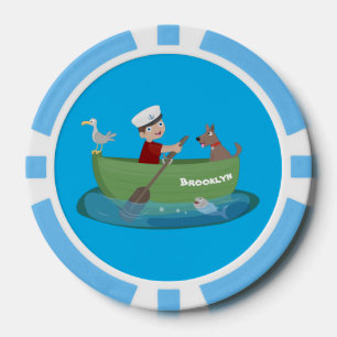 Cartoon met een staartjongen en een hondenroeiboot poker chips
