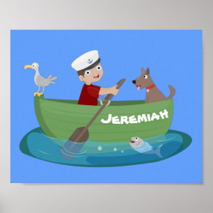Cartoon met een staartjongen en een hondenroeiboot poster