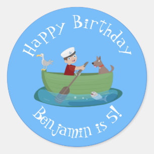 Cartoon met een staartjongen en een hondenroeiboot ronde sticker