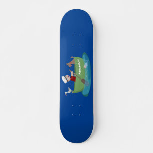 Cartoon met een staartjongen en een hondenroeiboot skateboard