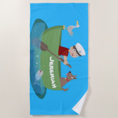 Cartoon met een staartjongen en een hondenroeiboot strandlaken (Voorkant)