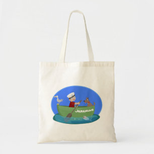 Cartoon met een staartjongen en een hondenroeiboot tote bag