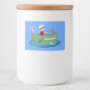 Cartoon met een staartjongen en een hondenroeiboot voedselcontainer etiket