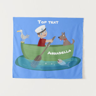 Cartoon met een staartjongen en een hondenroeiboot wandkleed