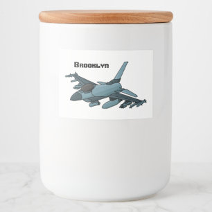 Cartoon militair jachtvliegtuig voedselcontainer etiket