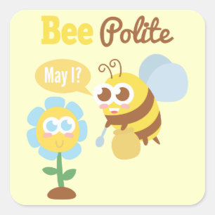 Cartoon: Mooie bij die nectar verzamelt van bloem Vierkante Sticker
