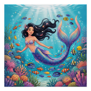 Cartoon mooie zeemeermin onder de zee perfect poster