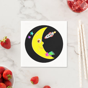Cartoon Moon Rocket Paper Napkins Servet