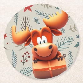 Cartoon Moose met Gift op Christmas Pattern Ronde Kartonnen Onderzetter