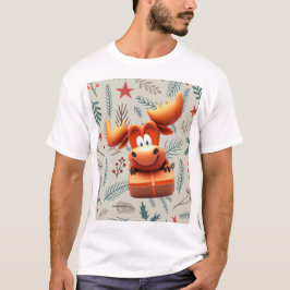 Cartoon Moose met Gift op Christmas Pattern T-shirt