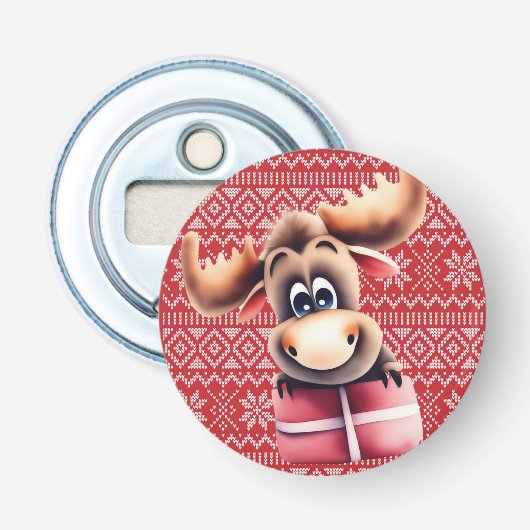 Cartoon Moose met kerstcadeau Button Flesopener (Voorkant)
