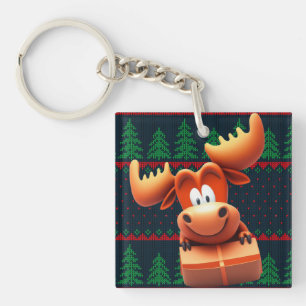 Cartoon Moose met Kerstcadeau Tshirt Vrouwen Sleutelhanger