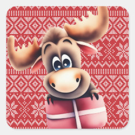 Cartoon Moose met kerstcadeau Vierkante Sticker