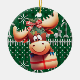 Cartoon Moose op groen gebreid patroon Keramisch Ornament