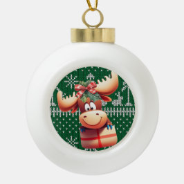 Cartoon Moose op groen gebreid patroon Keramische Bal Ornament