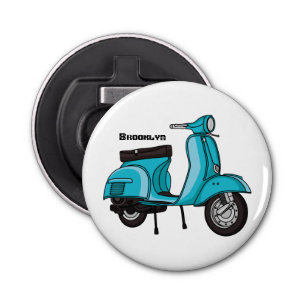 Cartoon motorfiets met motorbromfiets button flesopener