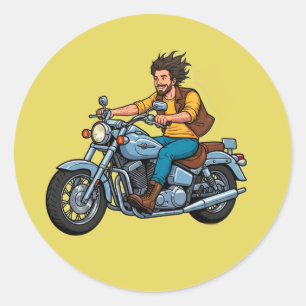 Cartoon motorrijder die op een motor rijdt  ronde sticker