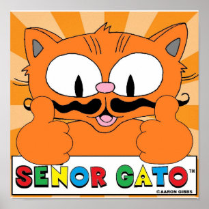 Cartoon Mustache Cat Senor Gato twee duimen omhoog Poster
