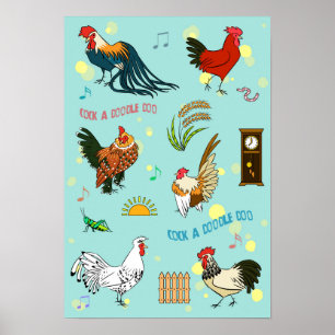 Cartoon naadloze roosters poster