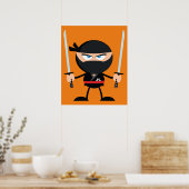 Cartoon Ninja Warrior met twee Katana Poster (Keuken)