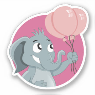 Cartoon olifant met roze ballonnen sticker