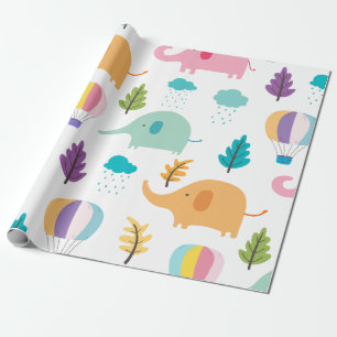 Cartoon olifanten met heteluchtballonnen en bomen cadeaupapier