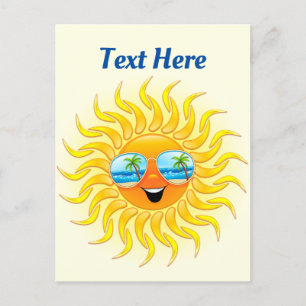 Cartoon op de zomerzon met zonnebril briefkaart