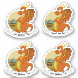 Cartoon oranje draak met schat en tekst sticker