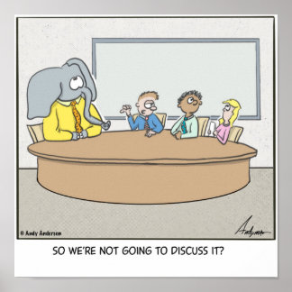 Cartoon over de olifant in de kamer poster