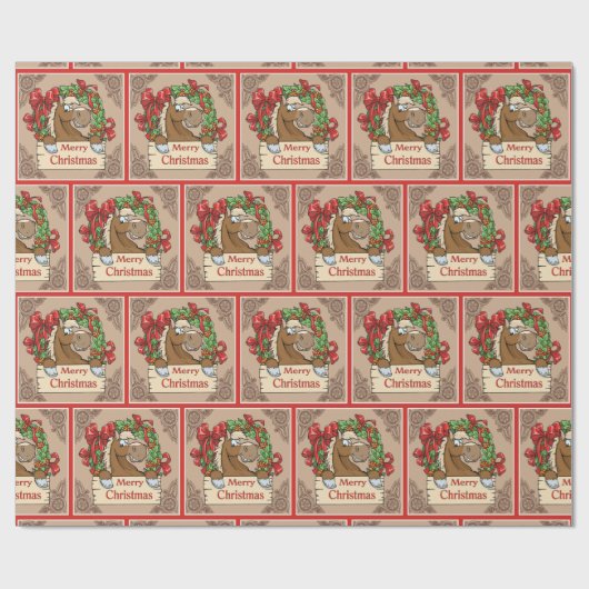 Cartoon Paard met vrolijk kerstteken Cadeaupapier (Vlak)