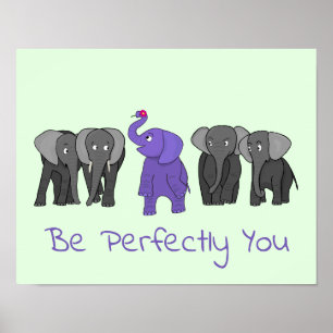 Cartoon Paars Elephant "Wees perfect voor je" afdr Poster