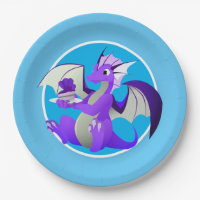 Cartoon Paarse draak met Borden voor een blauw Cak