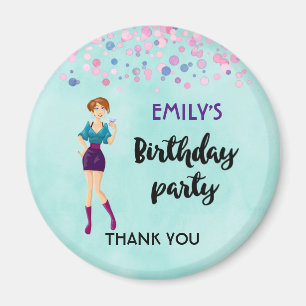 Cartoon Party Girl Holding Drink Birthday Bedankt Magneet