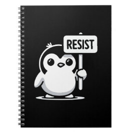 Cartoon Penguin Holding "RESIST" Sign – B & W Notitieboek