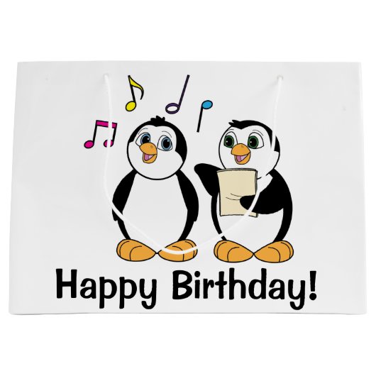 Cartoon Penguins Zingend Happy Birthday Large Cadeautasje (Voorkant)