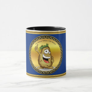 Cartoon personage aardappel met groen haar mok