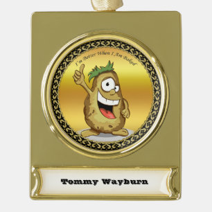 Cartoon personage aardappel met groen haar verguld banner ornament