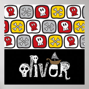 Cartoon Pirate Ship Skulls Botten Fun Colorful Boy Poster