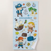 Cartoon Pirates Island Ship Kinder Beach Towel