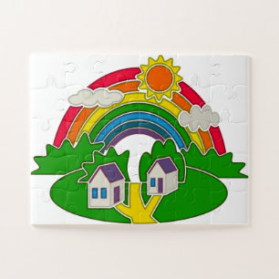 Cartoon plattelandsscene met regenboog en landhuis legpuzzel