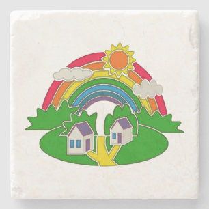 Cartoon plattelandsscene met regenboog en landhuis stenen onderzetter