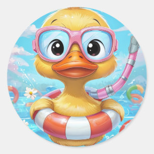 Cartoon Pool Party Duck met snorkel en zwemuitrust Ronde Sticker