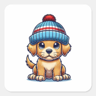 Cartoon Puppy Dragen Beanie Pet Vierkante Sticker