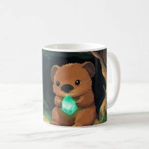cartoon quokka met een gloeiende groene kristal in koffiemok