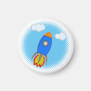 Cartoon Rocket in Blue Sky Halftones Magneet