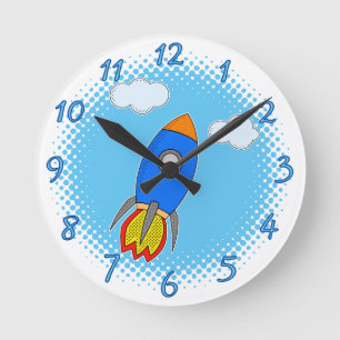 Cartoon Rocket in Blue Sky Halftones Ronde Klok