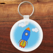 Cartoon Rocket in Blue Sky Halftones Sleutelhanger (Voorkant)