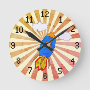 Cartoon Rocket Retro Sunset Decorative Ronde Klok