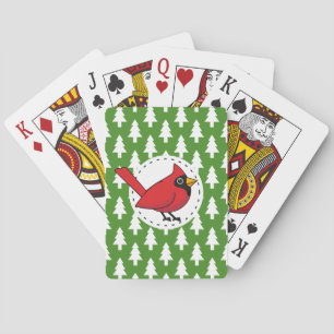 Cartoon rode kardinaal op groen wit pijnpatroon pokerkaarten
