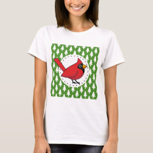 Cartoon rode kardinaal op groen wit pijnpatroon t-shirt
